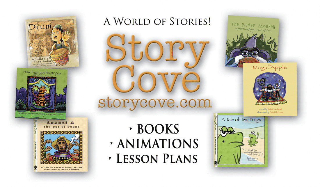 Title, A World of Stories! surrounded by 6 Story Cove book covers with bullet point words below, "Books, Animations, Lesson Plans"